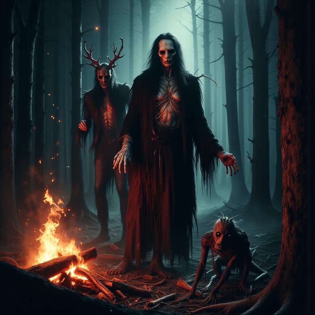 Eerie Forest Campfire Scene in Hyper-Detailed Style