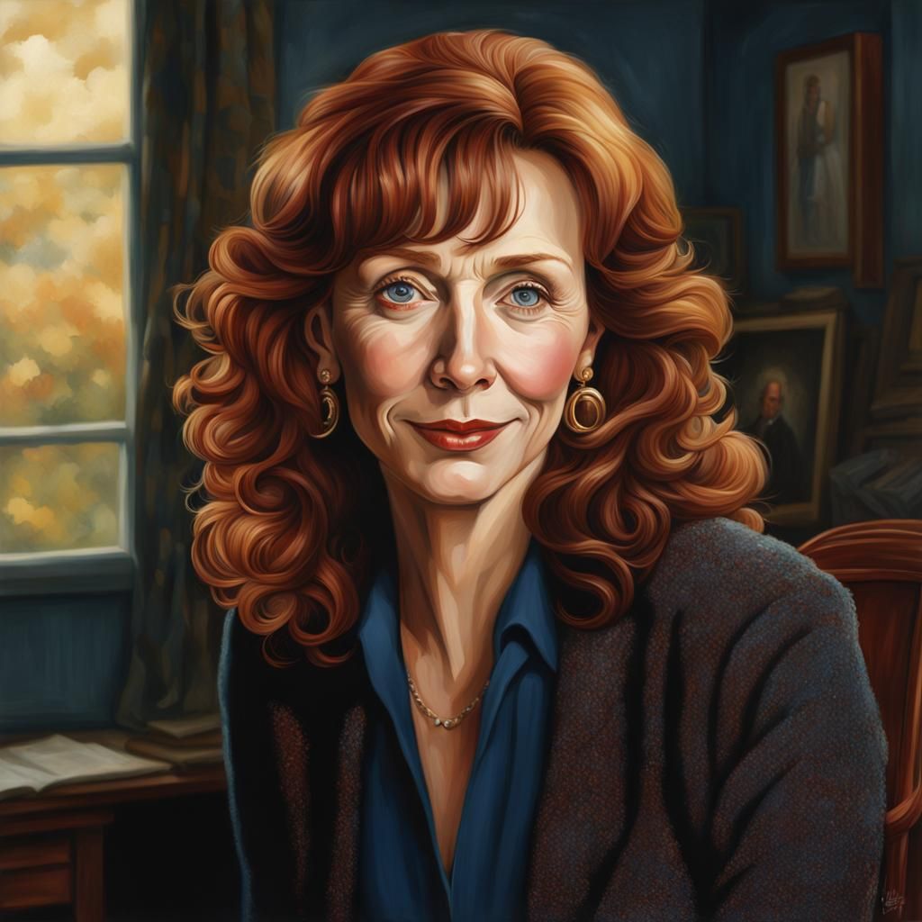 mature redhead woman, Zasu Pitts/Mary Steenburgen/Lisa Kudrow face, lovely blue eyes, curly red hair, dark blue shirt, s...