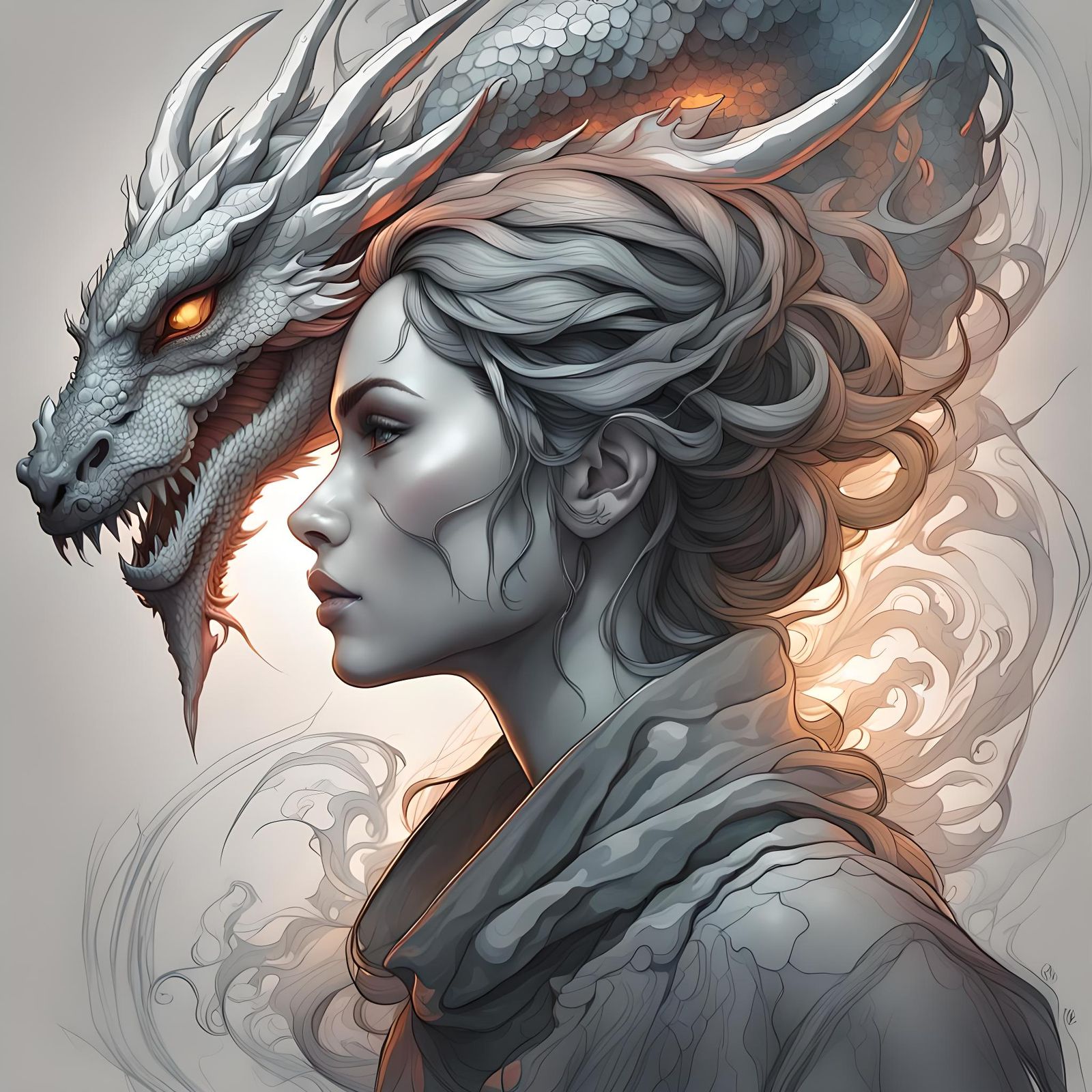 Female Form Vaporizing into Dragon: Minimal Line Art