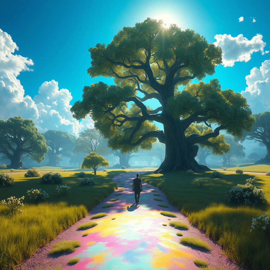 Ethereal Figure on Sunlit Path in Dreamlike Landscape