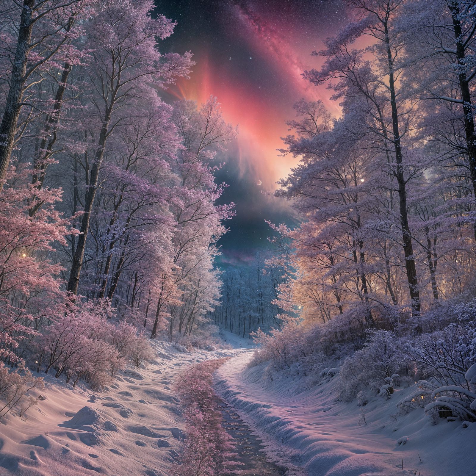 Winter Forest Path Under Aurora Borealis
