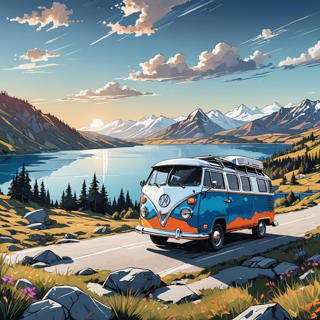 Detailed Campervan Line Art with Serene Lake View