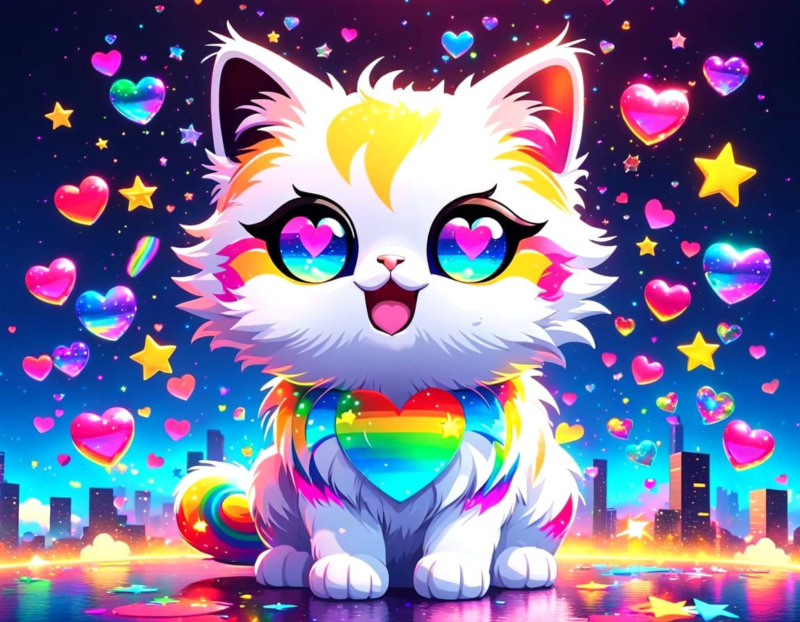 Cute Pixel Cat in Neon Glitch Sky
