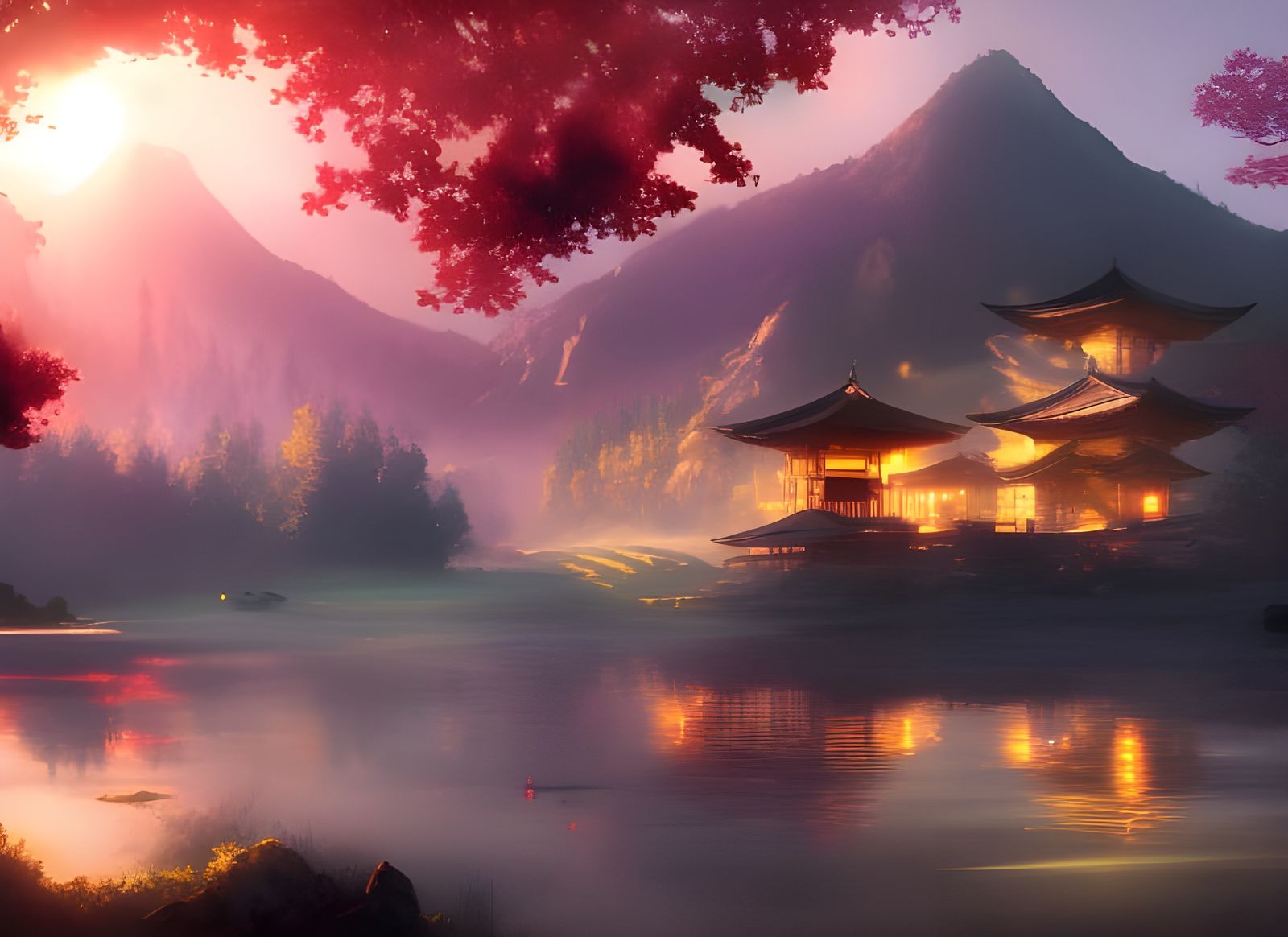 Sunrise Over Mountain Village with Sakura Trees