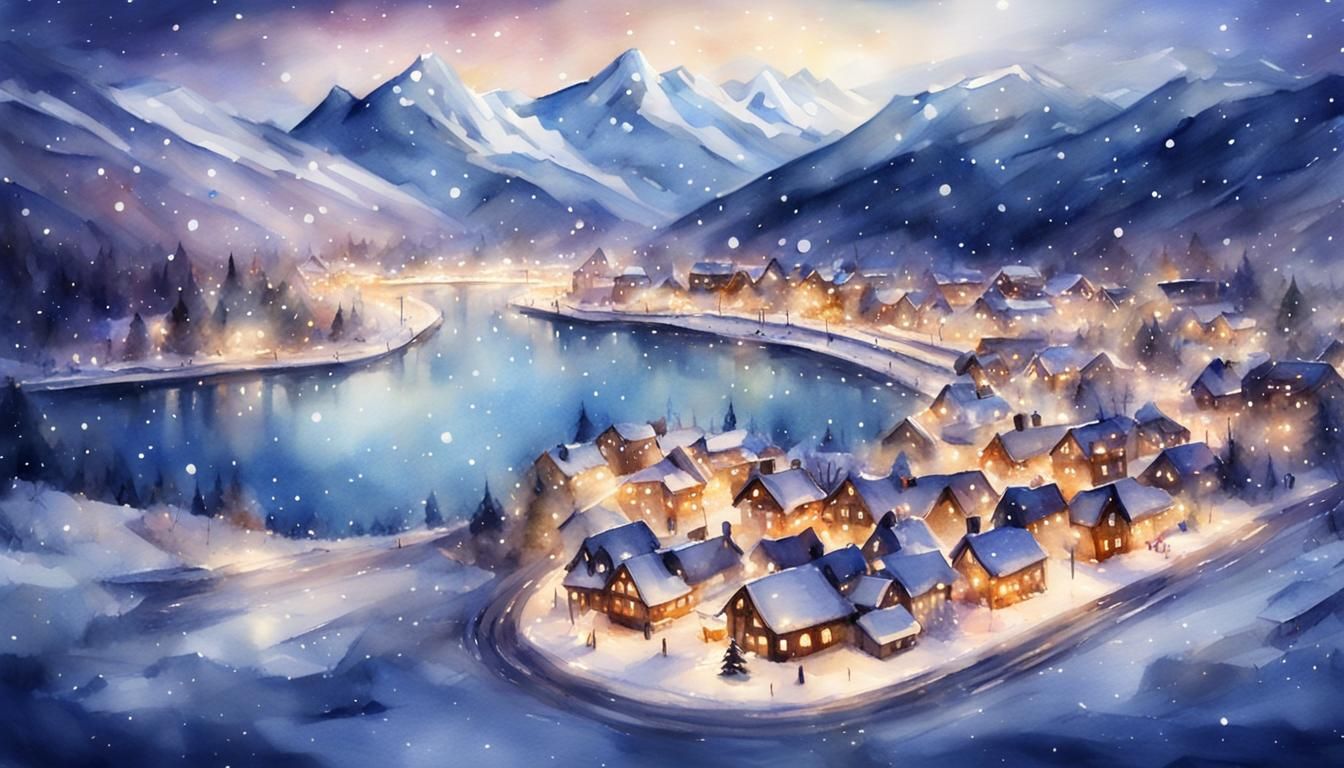 Winter Cityscape Dreamscape in Watercolor Style