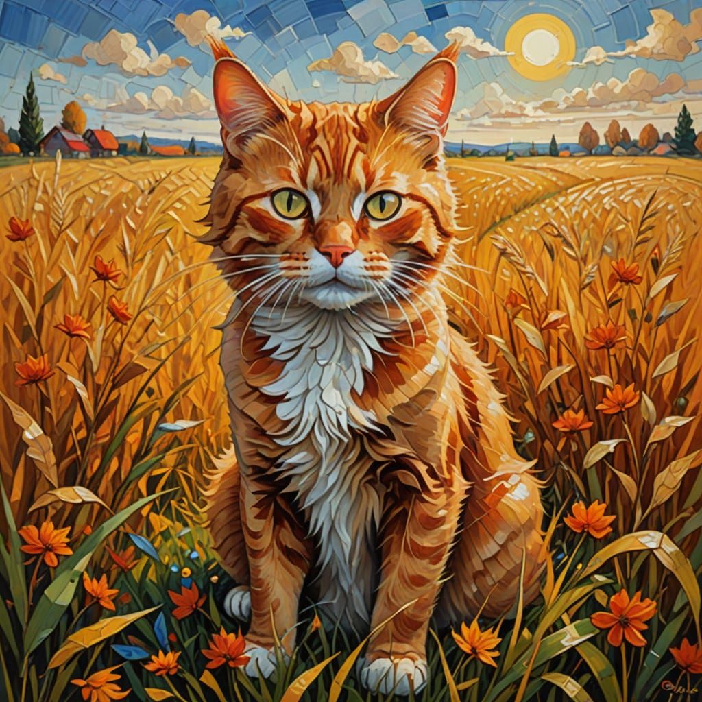Ginger Cat Working in Vibrant Autumn Field Oil Painting