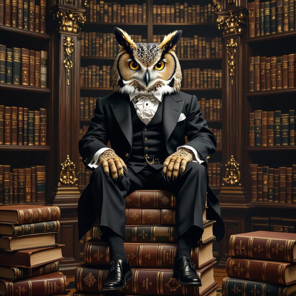 Wise Owl in Library, Rembrandt-esque Lighting