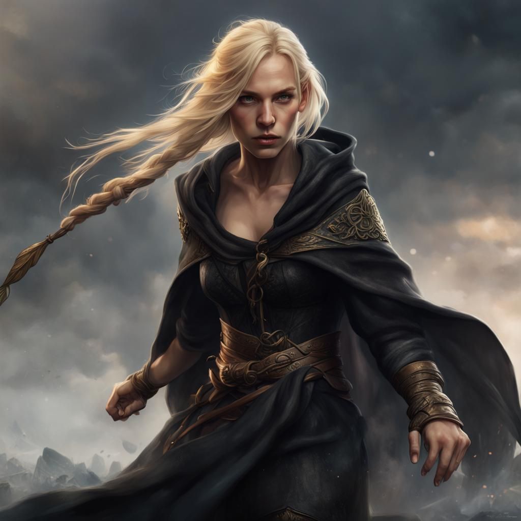 Fantasy Fighter with Black Cloak: Detailed Matte Painting