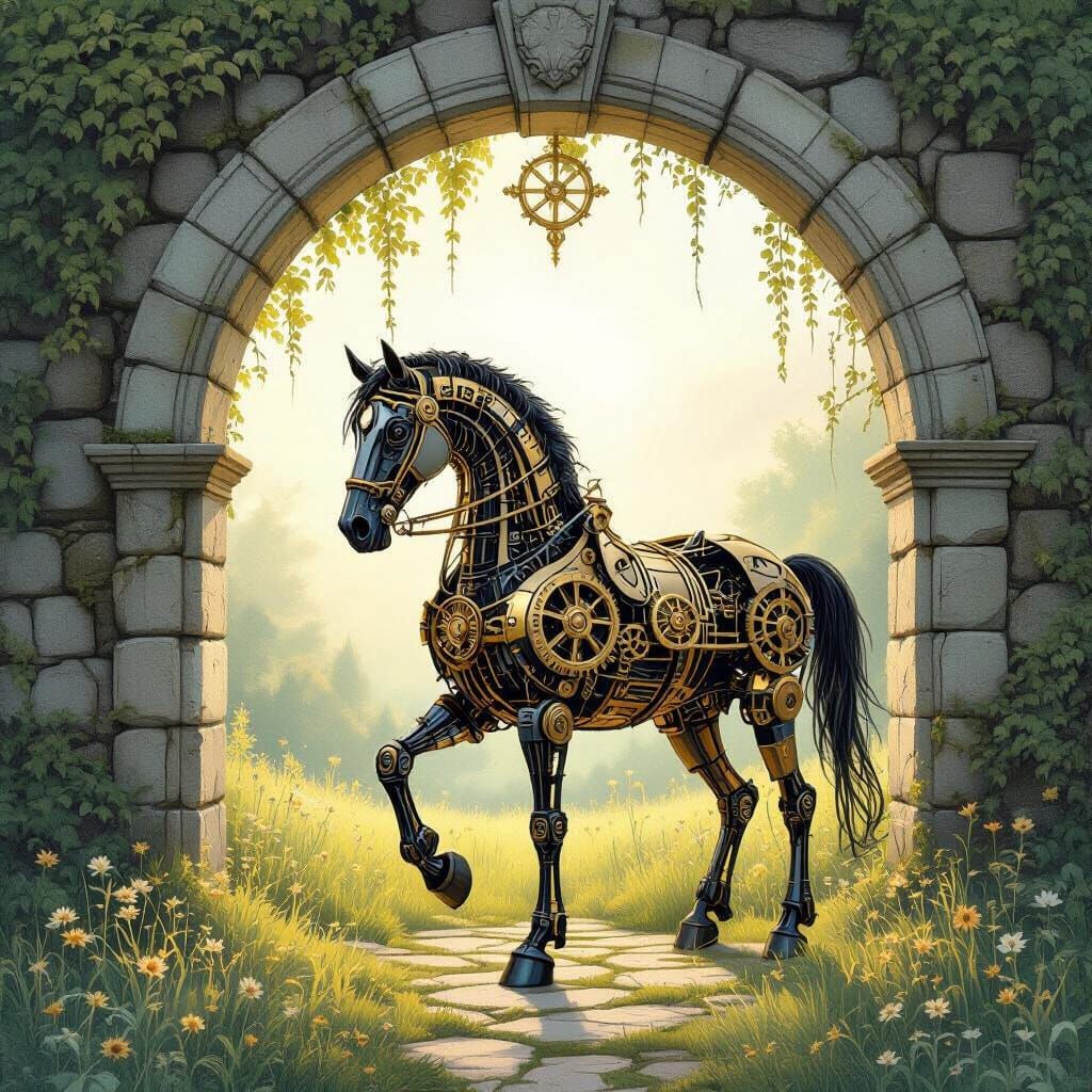 Clockwork Horse Before Mossy Archway in Ethereal Light