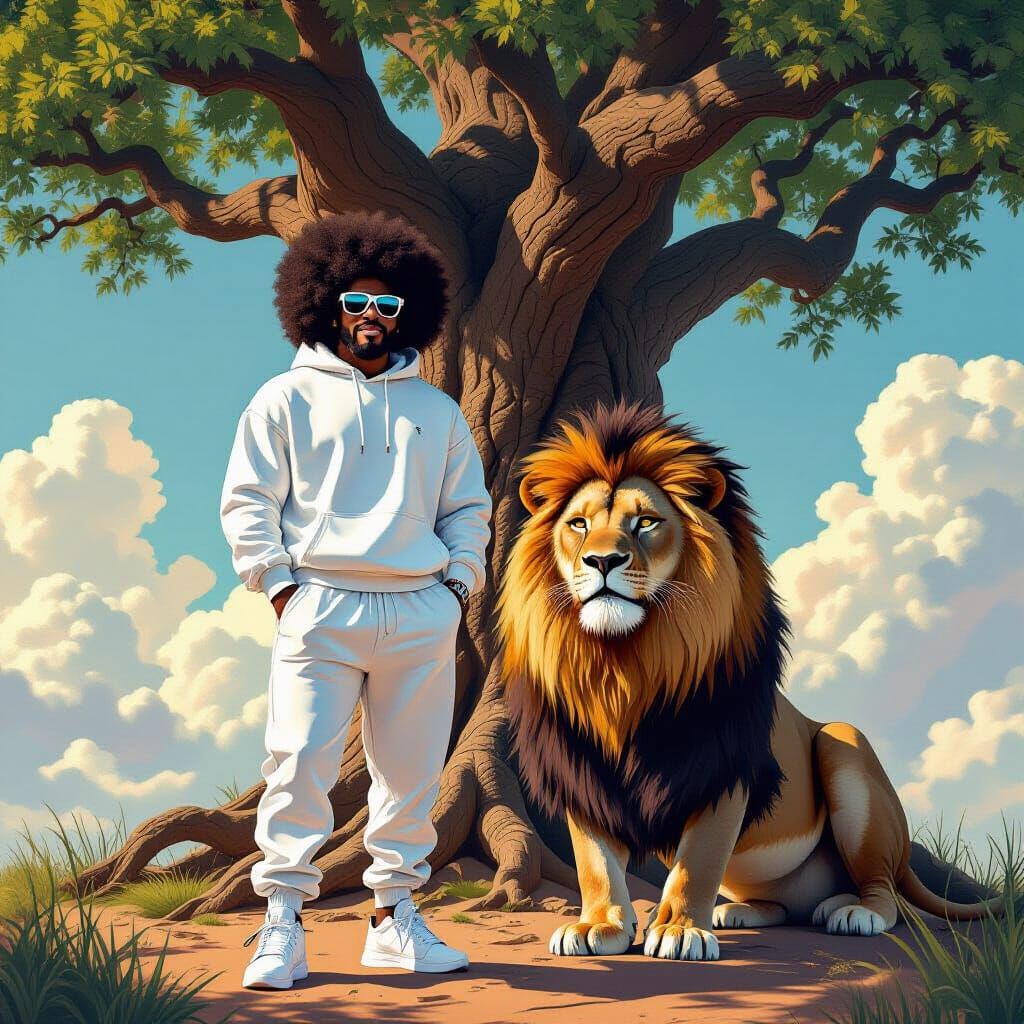 Black Man and Lion Beside Ancient Tree in Dreamlike Sky