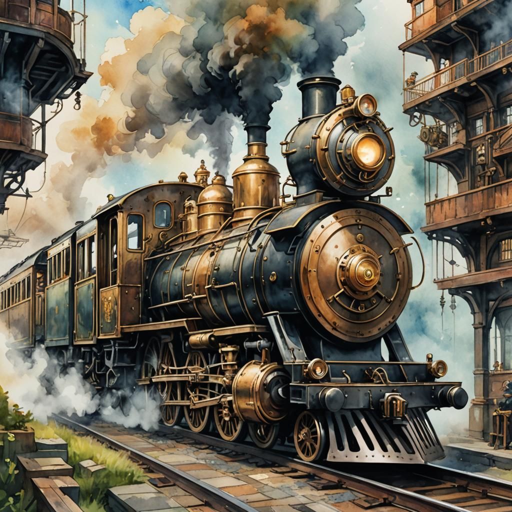 Steampunk Train in Watercolor Style