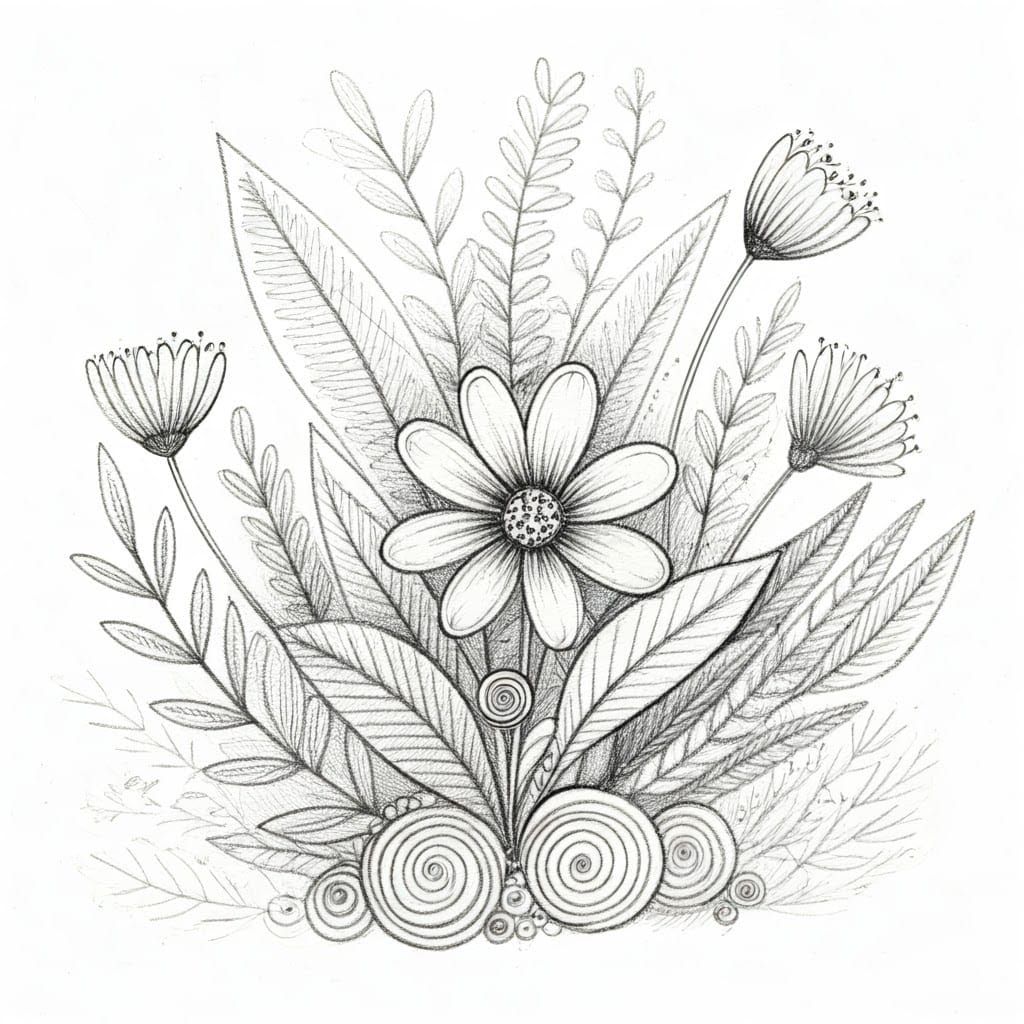 Whimsical Pencil Doodle Garden