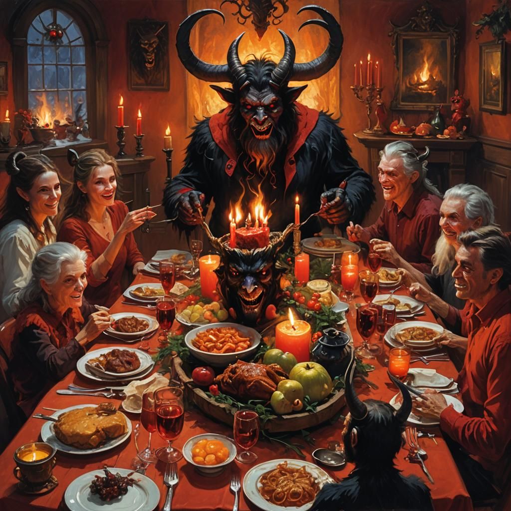 Krampus and Demons at Christmas Dinner: Oil Painting