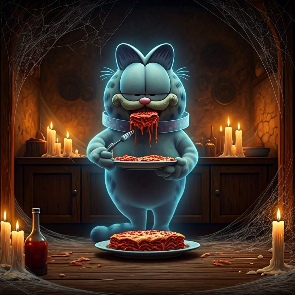 Ghostly Garfield Devours Lasagna in Abandoned Kitchen
