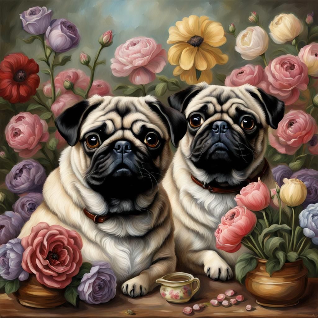 Pugs in a Victorian Flower Shop