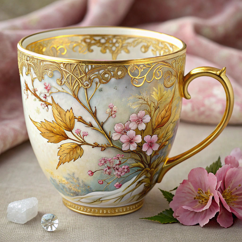 Ornate Porcelain Cup with Seasons, Rococo Style