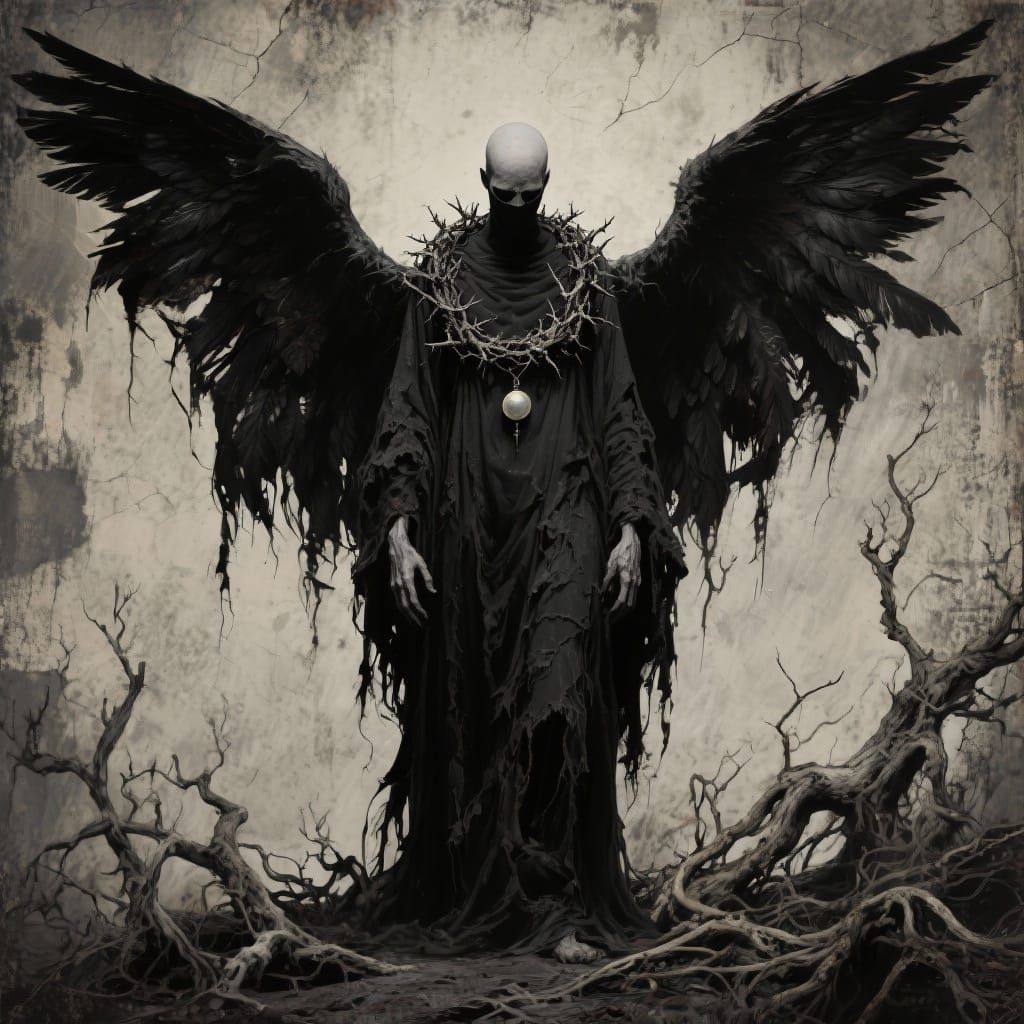 Grim Reaper Angel with Thorny Wreath in Monochrome