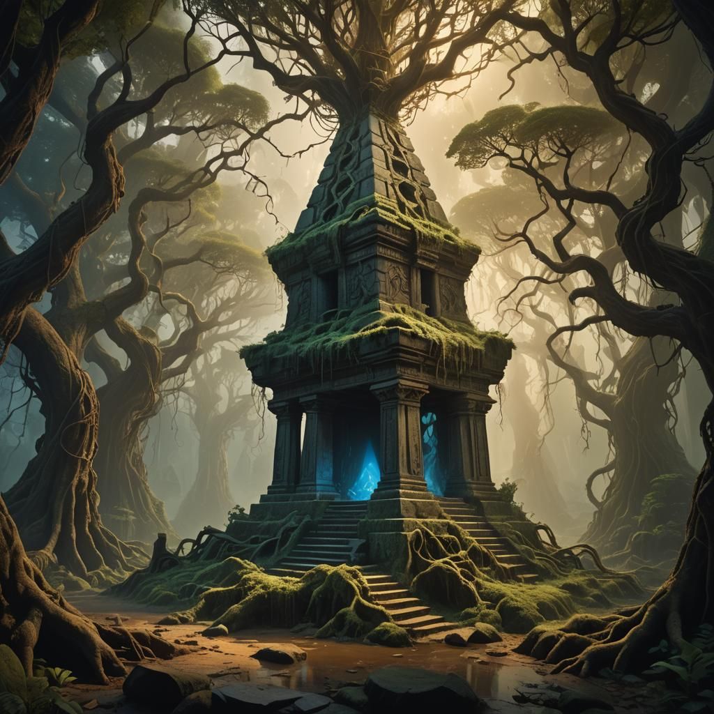 Mystical Temple Interior with Glowing Pyramid