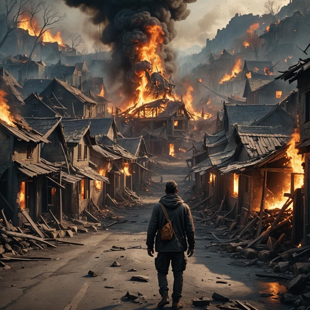 Burning Village Watched by Lone Man in Fantasy Art