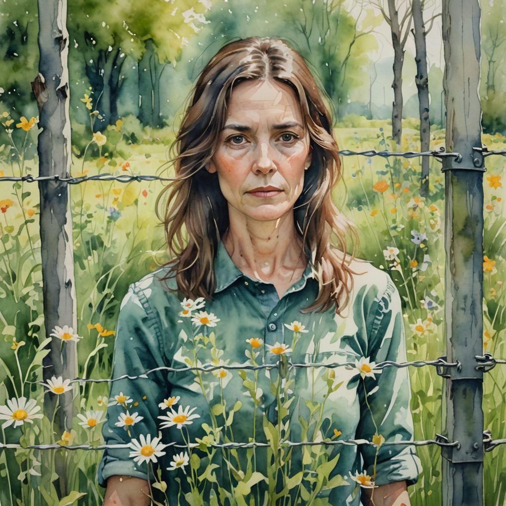Woman Behind Fence in Watercolor Style