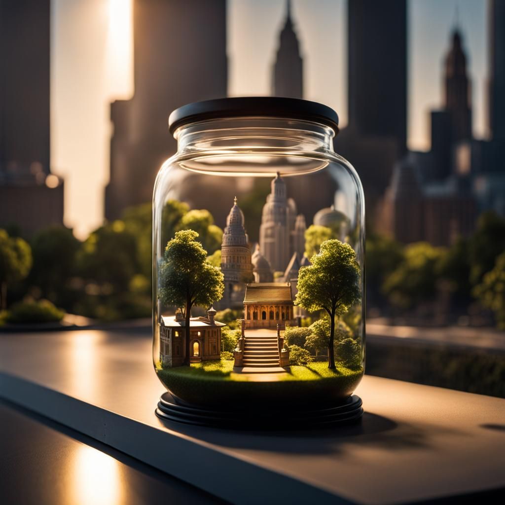 Miniature City in a Jar with Dynamic Lighting