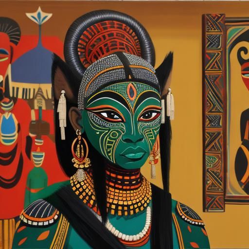 Detailed Gouache Painting of African Masks in California