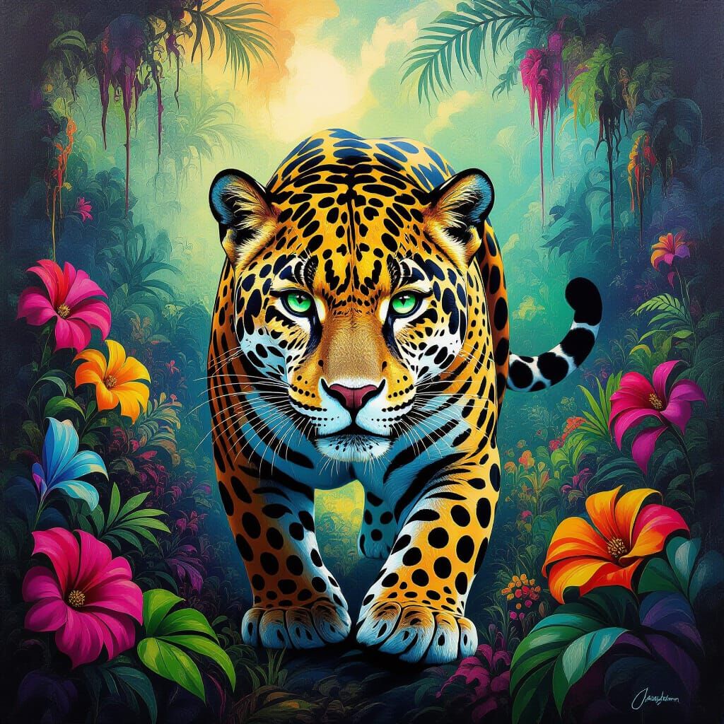Jaguar in Psychedelic Jungle, Melting Oil on Canvas Style