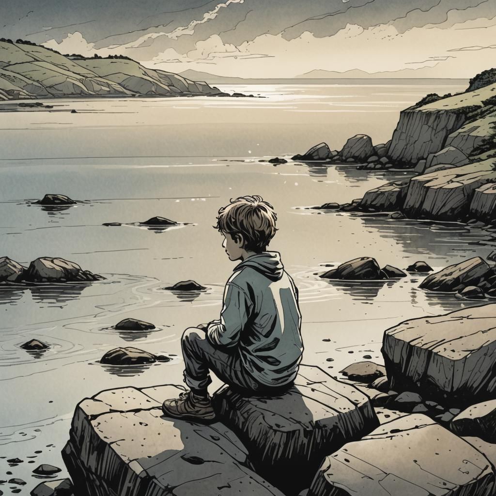 Peaceful Coastal Scene: Boy Gazing at Sea