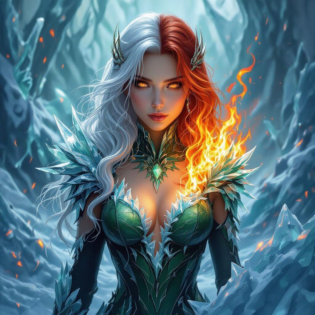 Goddess of Ice and Fire in Fantasy Art Style