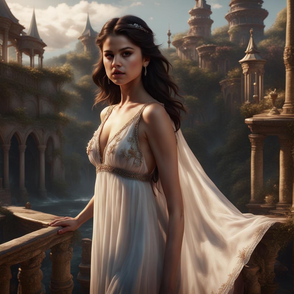 Selena Gomez in White Silk: Detailed Digital Painting