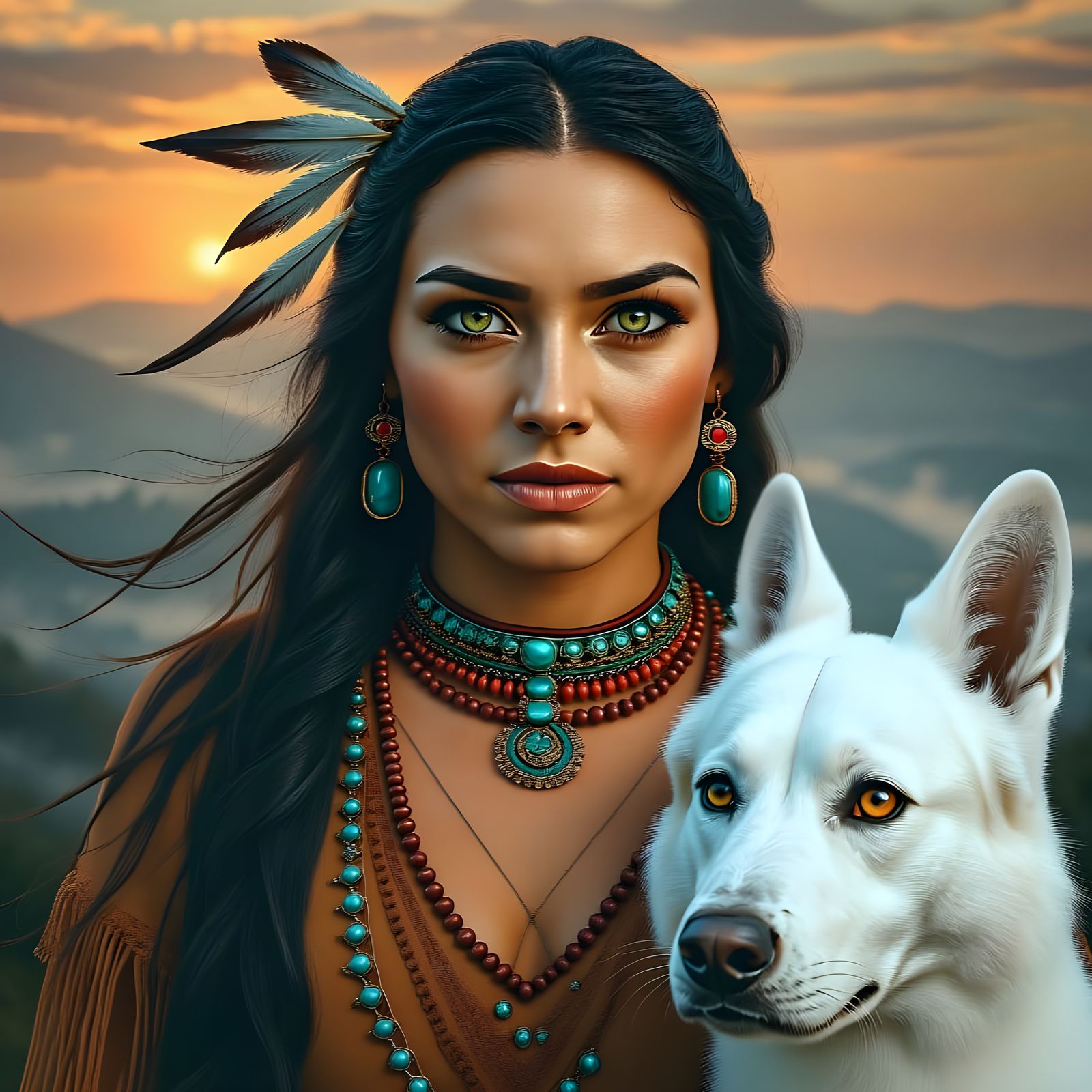 Monacan Woman Portrait with Albino Dog in Hyperrealism