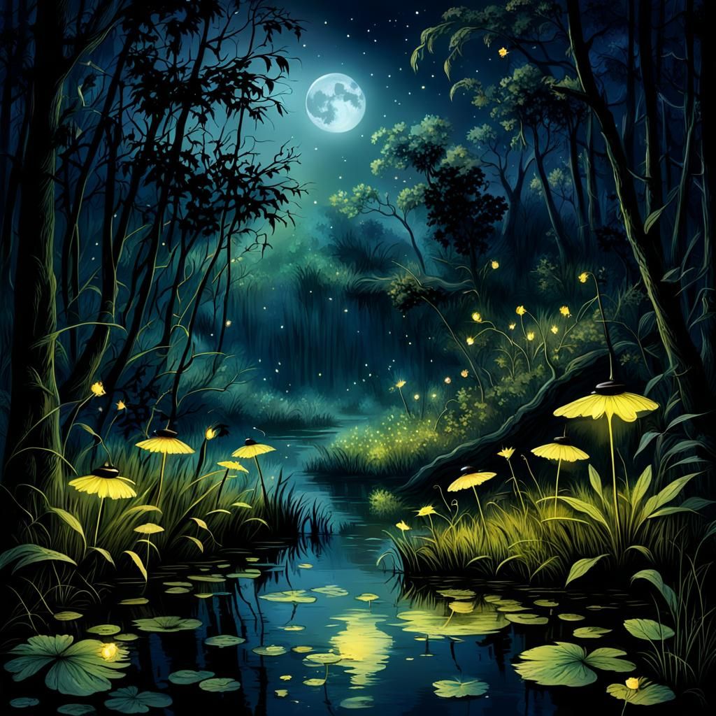 Enchanted Fairies and Fireflies in Moonlit Swamp