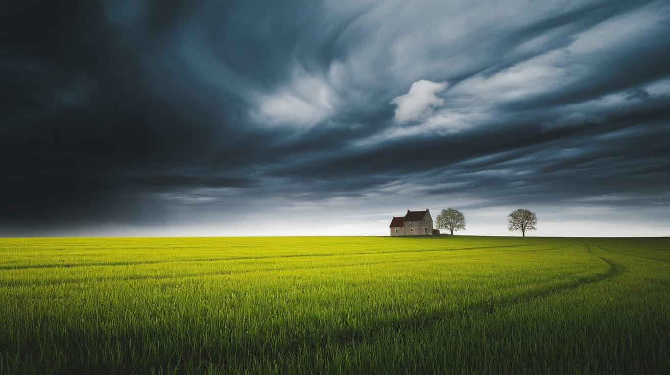 Dramatic Landscape Painting with Solitary House Under Stormy...