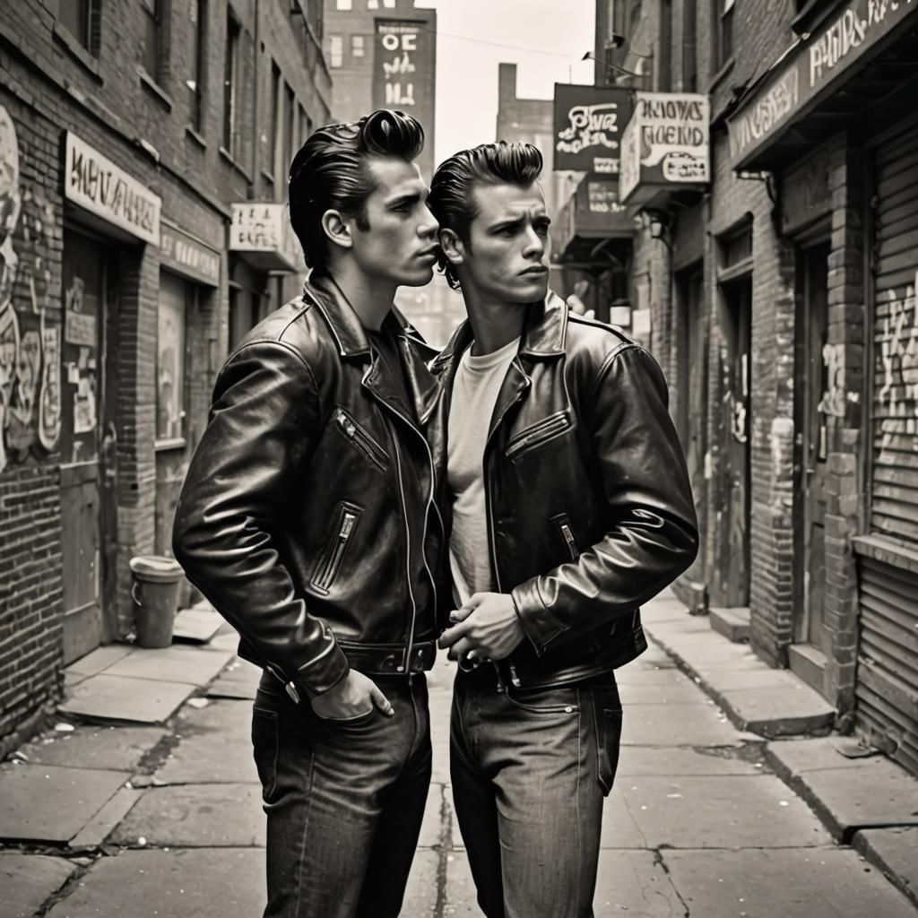 Greaser Guys' Secret Kiss in 1950s Alley