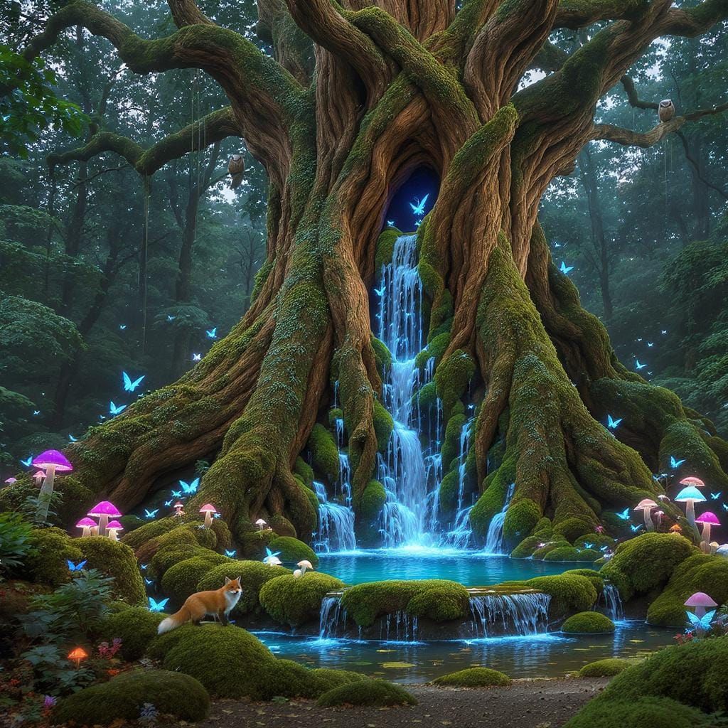 Enchanted Forest Fountain with Fairies and Animals