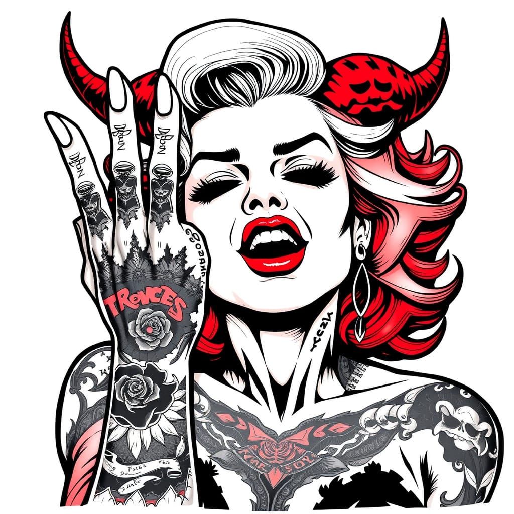 Tattooed Marilyn Monroe Gives Rock On Gesture in Comic Style