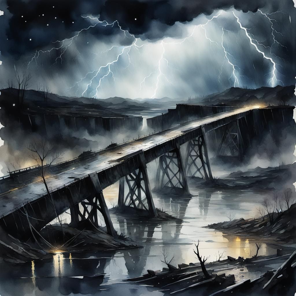 Post-Apocalyptic Flooded Valley Watercolor Art