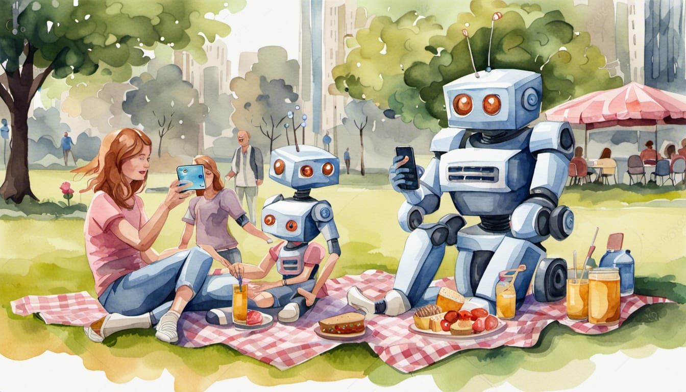 Hyperrealistic Watercolor Robot Family Picnic
