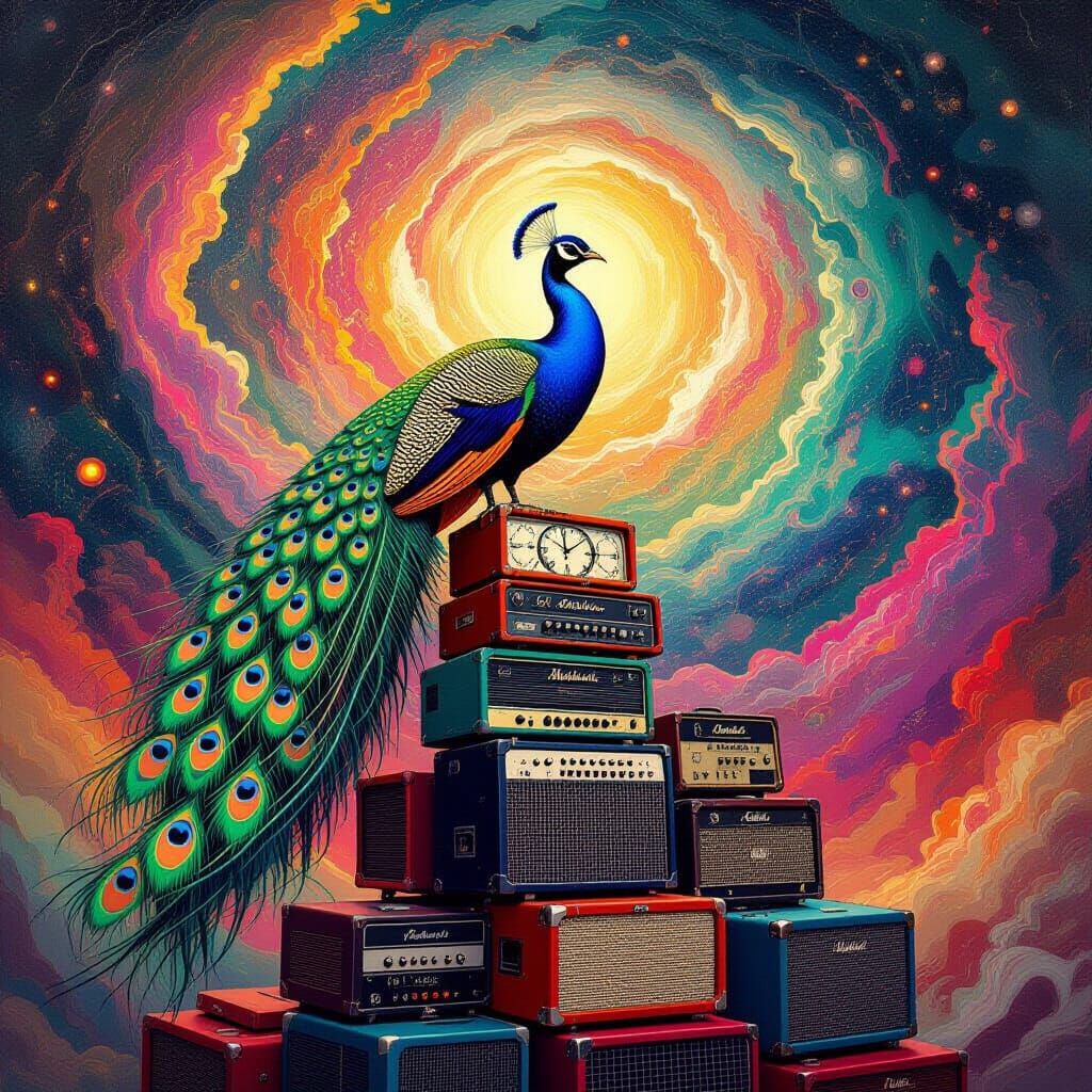 Peacock with Melting Clocks on Amplifiers: Surreal Art