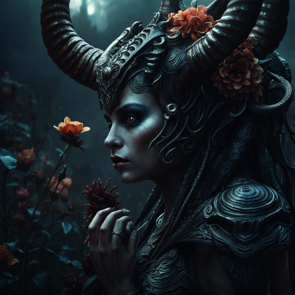 Beautiful Demon Girl Smelling Flower in Dark Fantasy Style