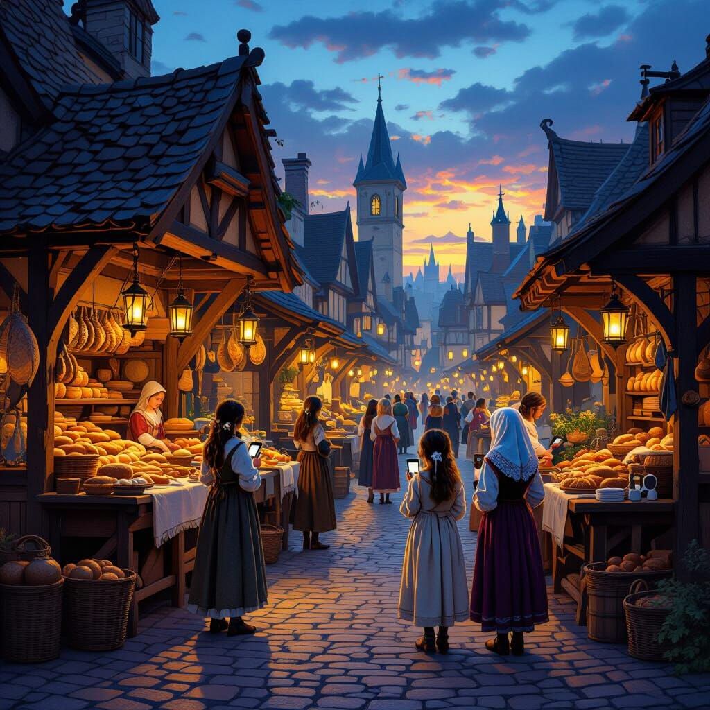 Medieval Market Scene with Modern Tech Contrast in Oil Paint...
