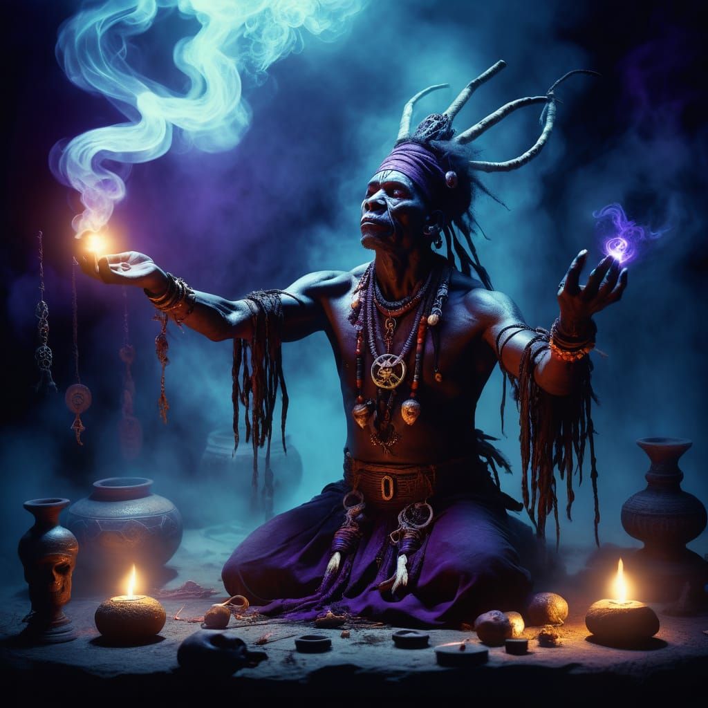 Dark Fantasy Witch Doctor Exorcism with Glowing Symbols