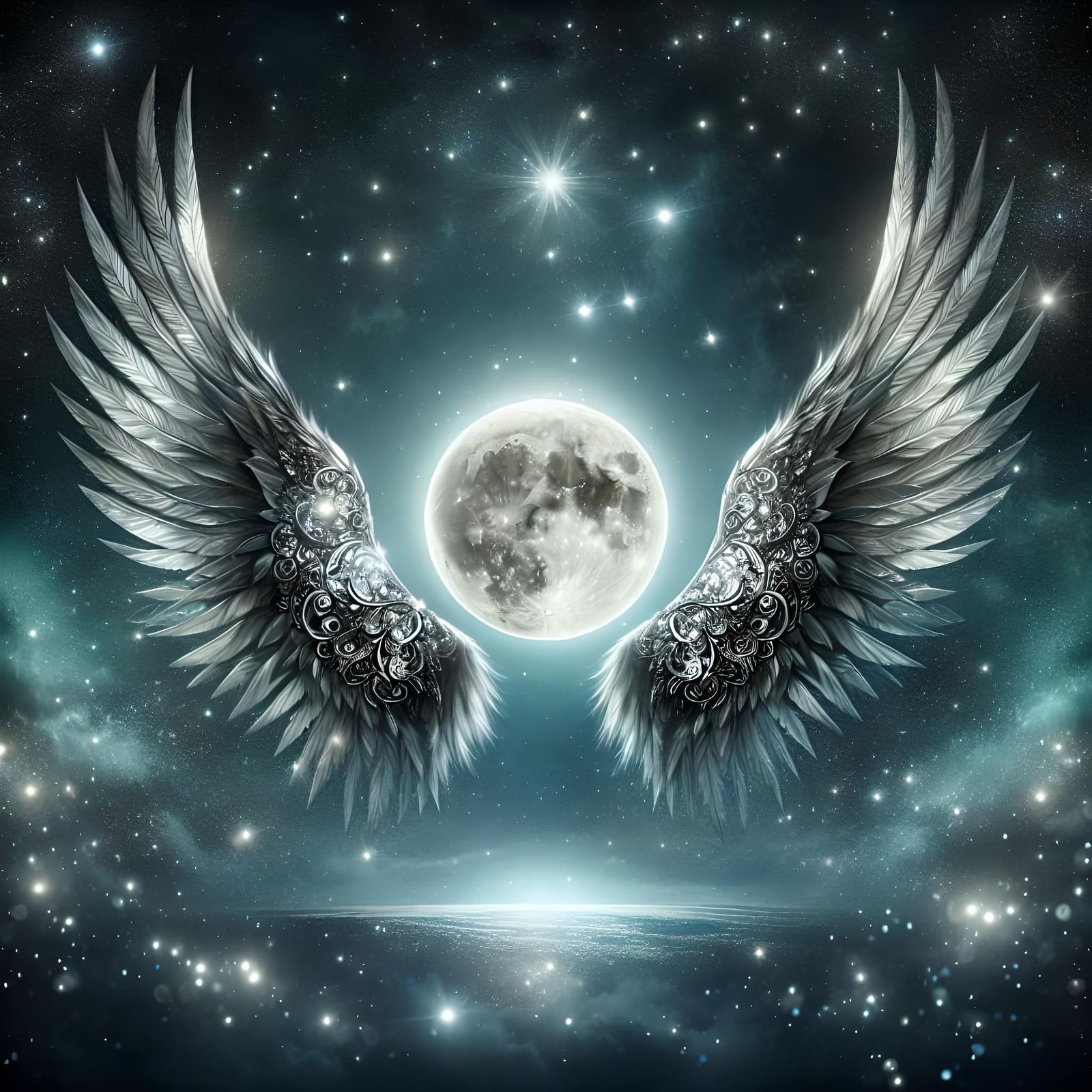 Winged Moon Shimmers in Starry Night Sky