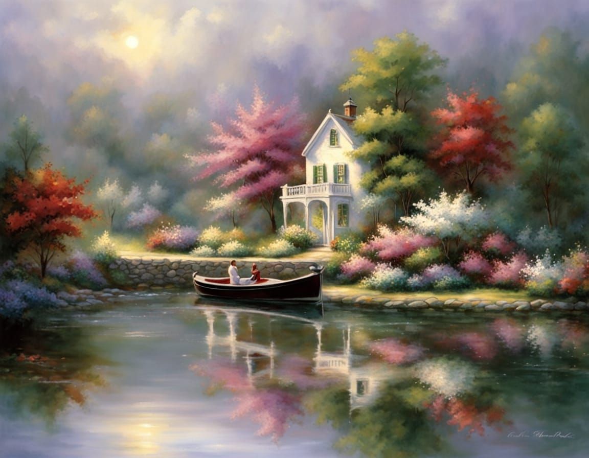 Idyllic Harbour Scene with Boats and Lush Greenery