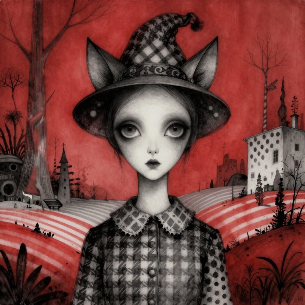 Ethereal Figure with Cat Ears in Patterned Otherworldly Land...