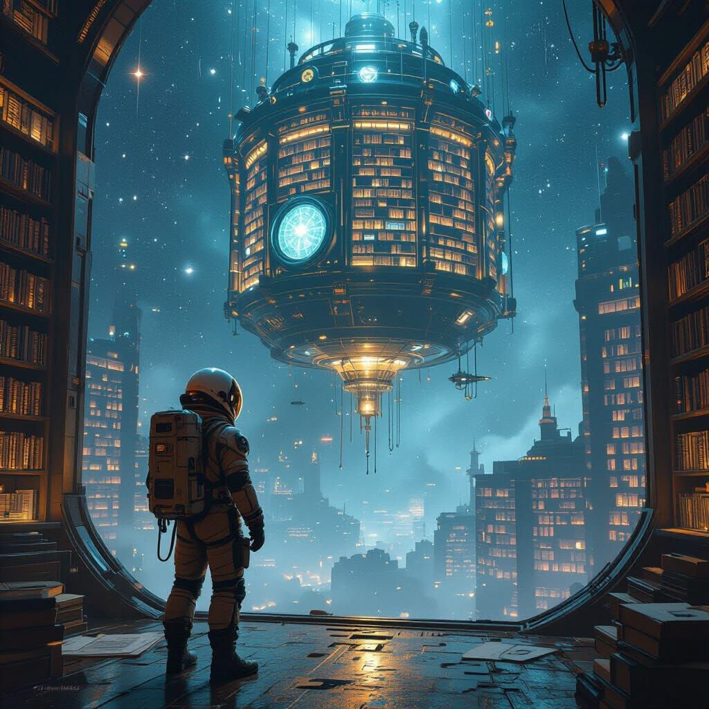 Steampunk Astronaut and Bioluminescent Space Library