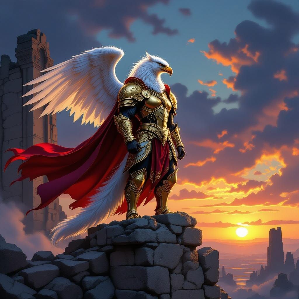 Griffin in Golden Armor Guards Ancient Ruins at Sunset
