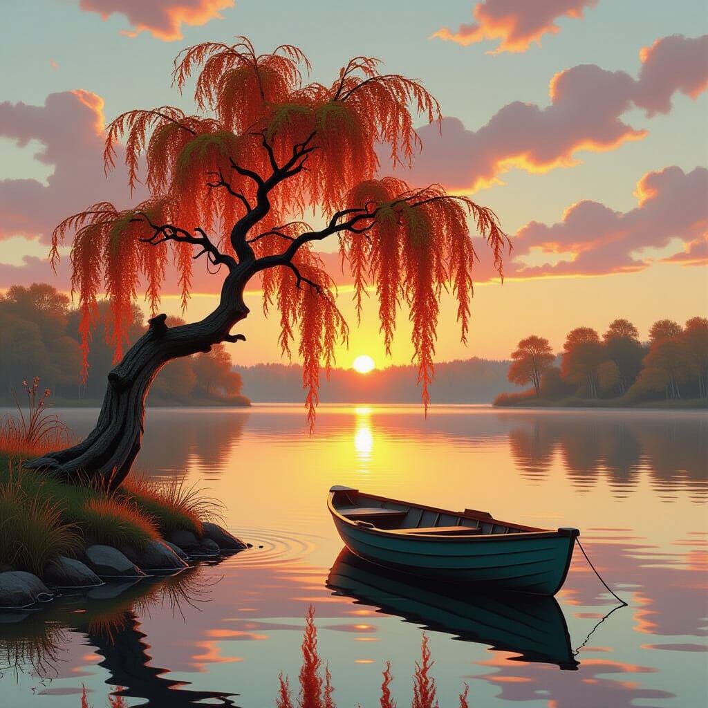 Weeping Willow Over Lake at Sunset in Digital Painting Style