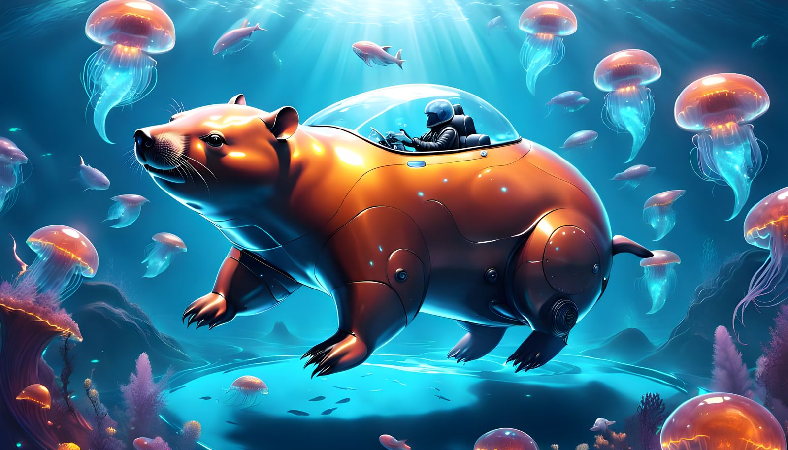 Futuristic Wombat on a Motorcycle Rides with a Glowing Whale