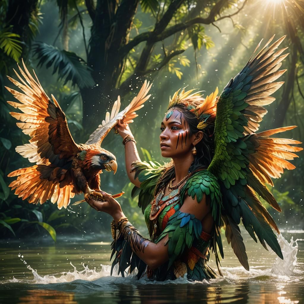 Harpy Captures Fish in Amazon River Splash Art